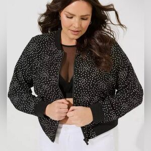 Torrid Black Polka Dot Chiffon Lightweight Bomber Jacket, Size 1X